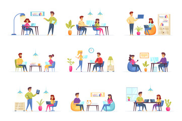 Coworking office bundle with people characters. Designers and developers communicate and working together in coworking space situations. Emploees and frelancers at workplace flat vector illustration