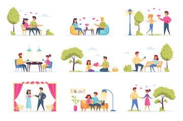 Fototapeta premium Love couple bundle with people characters. Happy couple having picnic in park, date in caffe, man proposing girl to marry, wedding ceremony situations. Romantic relationship flat vector illustration.