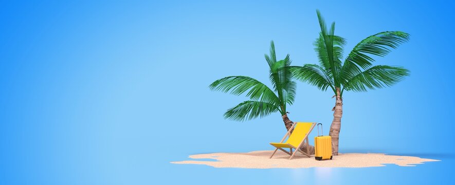 banni&egrave;re avec transat et valise sur fond bleu