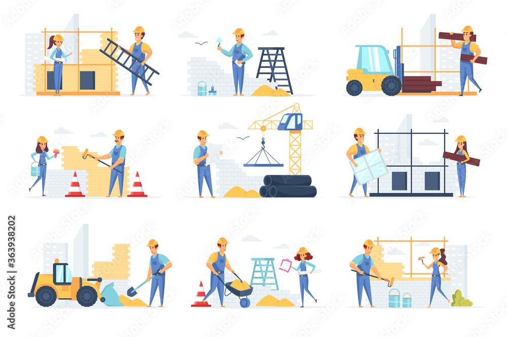 Poster builders scenes bundle with people characters. engineer, painter, road worker and bricklayer working