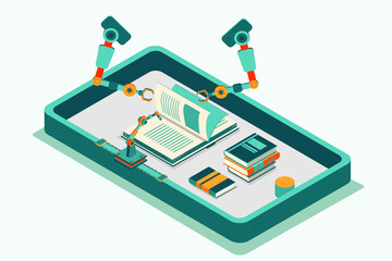 Flat isometric illustration isolated with robotic arm and book in telephone 3d. on white background .