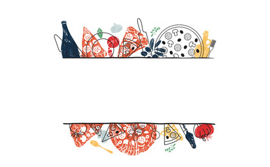 Vector  isolated  Pizza Frame. Logo for decoration and Covering on the Wall Background. Concept of Restaurant Sign. Menu for advertising and promotion.