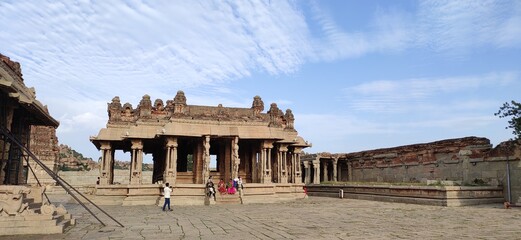 temple ruins and sculptures,pillars of ancient temples in hampi  