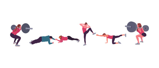 Man and woman gym set. Workout flat illustration collection - Vector