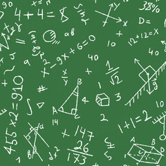 Pattern, school green board, geometric and algebraic formulas, imitation of chalk.
