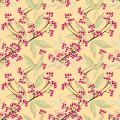 Leaves and berries, watercolor art, seamless pattern.