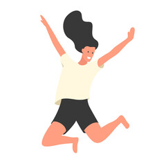 Young beautiful girl jumping with smile flat vector illustration. Girl having fun and dancing at the party and jumping with hands up in the air. Happy smiling stylish dark-haired girl jump in the air