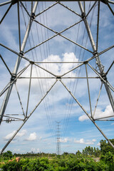 Outdoor power transmission tower under the blue sky and white clouds