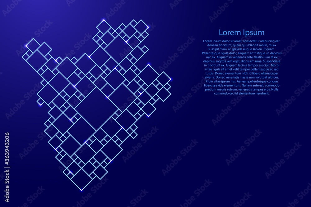 Poster burundi map from blue pattern from a grid of squares of different sizes and glowing space stars. vec