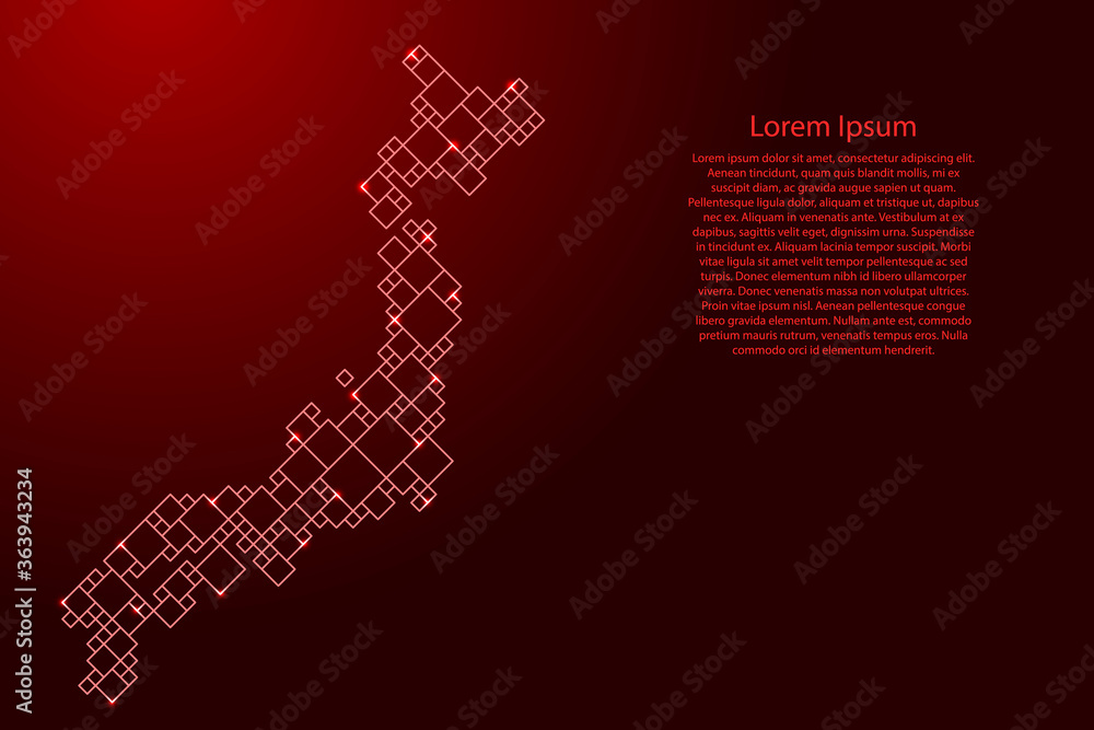 Aufkleber japan map from red pattern from a grid of squares of different sizes and glowing space stars. vector