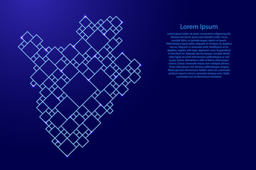 Burundi map from blue pattern from a grid of squares of different sizes and glowing space stars. Vector illustration.