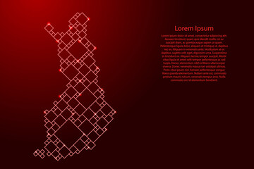 Finland map from red pattern from a grid of squares of different sizes and glowing space stars. Vector illustration.