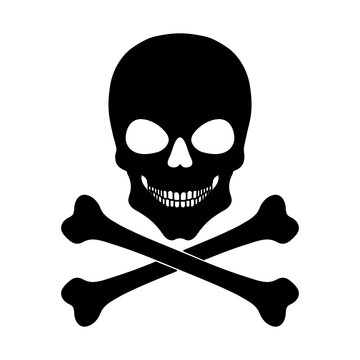 Skull human with crossbones, sign of danger to life, black silhouette. Vector illustration.
