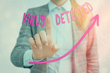 Word writing text Virus Detected. Business photo showcasing a computer program used to prevent and remove malware digital arrowhead curve rising upward denoting growth development concept
