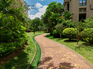 Recreational grass and sidewalks in a residential park