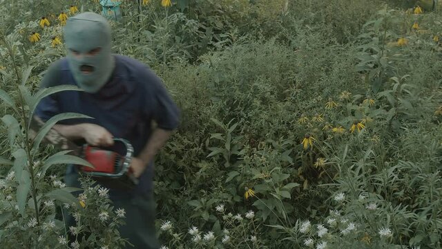 crazy chainsaw guy in garden