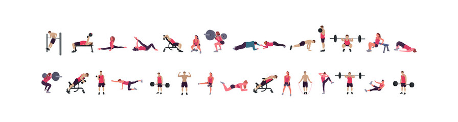 Man and woman gym set. Workout flat illustration collection - Vector