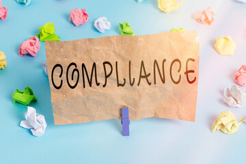 Text sign showing Compliance. Business photo text the action or fact of complying with a wish or...