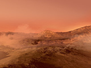 Fototapeta na wymiar Mars red rocky terrain and fog