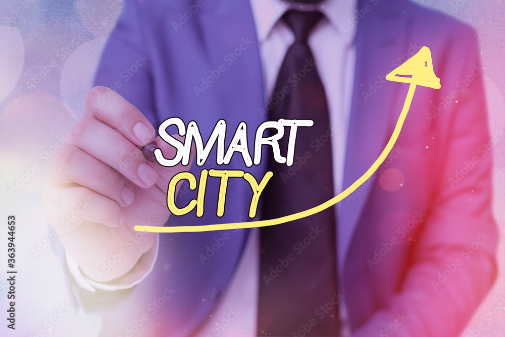 Poster text sign showing smart city. business photo showcasing an urban area that uses communication techno