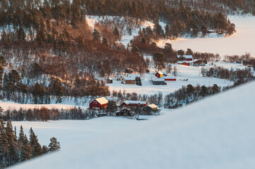Buildings in Norwegian winter landscape