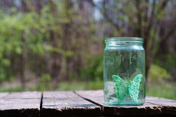 Toy butterfly in a glass jar.