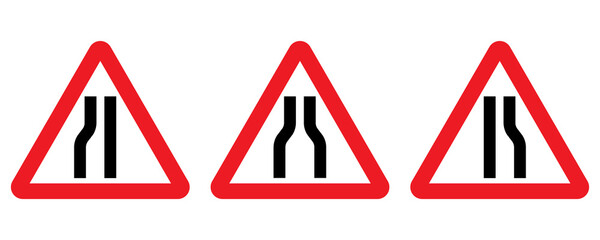 Road narrows traffic sign. Set of warning road signs informs narrowing of the road on left, right and both sides.