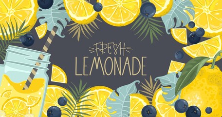 Fresh lemon, leaves and slices. Hand calligraphy. Label, banner advertising element. Vector illustration.
Printing on fabric, paper, postcards, invitations.