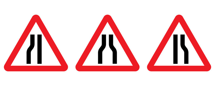 Road narrows traffic sign. Set of warning road signs informs narrowing of the road on left, right and both sides.