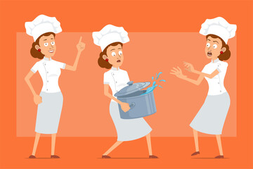 Cartoon flat funny chef cook woman character in white uniform and baker hat. Girl carrying metal stew pot with water, attention sign. Ready for animation. Isolated on orange background. Vector set.