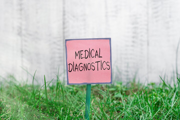 Text sign showing Medical Diagnostics. Business photo text act of identifying a disease from its signs and symptoms Plain empty paper attached to a stick and placed in the green grassy land