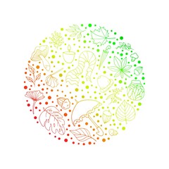 Autumn set with leaves, umbrella, branches. Autumn. Set with autumn elements for postcards, notebooks, banners, albums. Set in the style of doodling. Design of postcards with autumn items.