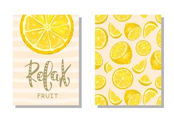 Set of cards "Fruit Relax" with fresh Lemon, Leaves and flowers. Vector illustration.
Printing on fabric, paper, postcards, invitations.