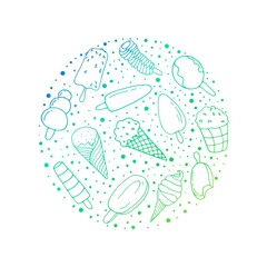 Ice cream. Printing on dishes, fabrics, clothing. Vector isolated illustration with ice cream, fruit. Doodle style. Different types of ice cream. Waffle ice cream on a white background.