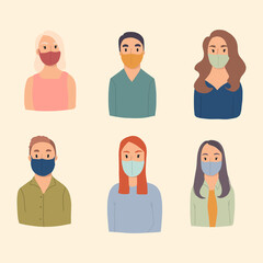 Collection of people wearing medical masks. Coronavirus prevent. Vector hand drawn illustation.