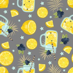 Seamless pattern with fresh Lemon drink. Leaves and berries. Vector illustration.
Printing on fabric, paper, postcards, invitations.
