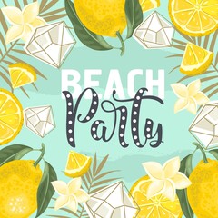 Set of Cards "Beach Party" with fresh Lemon, Leaves and flowers. Vector illustration.
Printing on fabric, paper, postcards, invitations.
