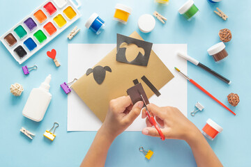2 Diy Eid al adha lamb sheep baby craft on blue background. Gift idea, decor Eid al adha. Step by...