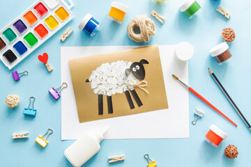 6 Diy Eid al adha lamb sheep baby craft on blue background. Gift idea, decor Eid al adha. Step by step. Top view. Process kid children craft.