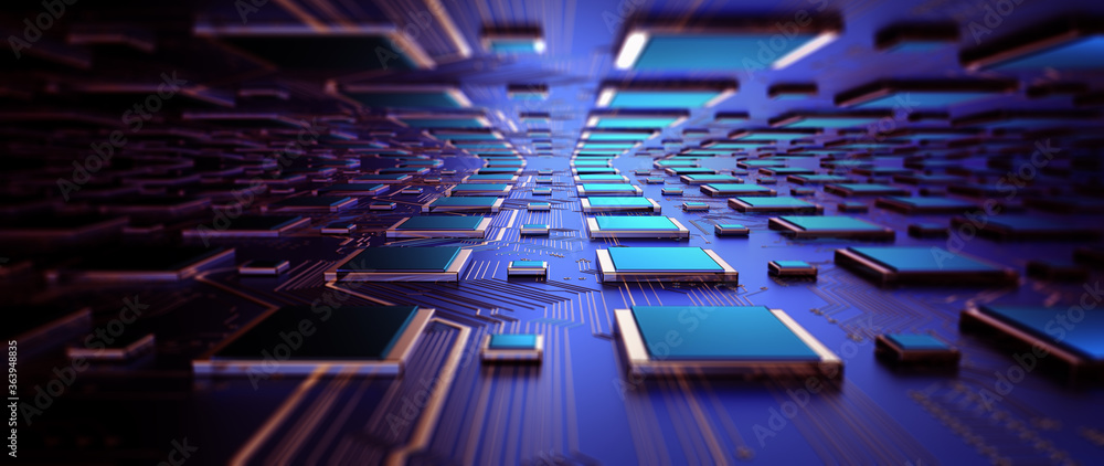 Poster Printed circuit board futuristic server/Circuit board futuristic server code processing. Orange,  green, blue technology background with bokeh. 3D Rendering