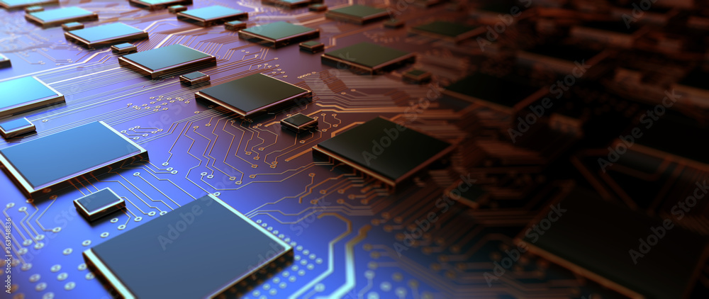 Poster Printed circuit board futuristic server/Circuit board futuristic server code processing. Orange,  green, blue technology background with bokeh. 3D Rendering