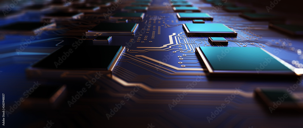 Aufkleber Printed circuit board futuristic server. Circuit board futuristic server code processing. Orange,  green, blue technology background with bokeh. 3D Rendering