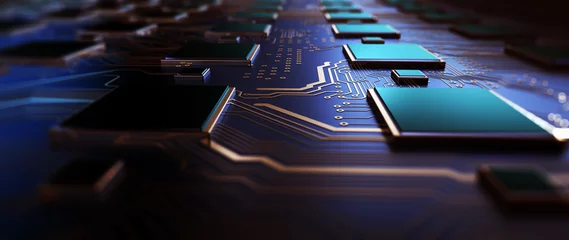 Fotobehang Printplaat futuristische server / printplaat futuristische servercodeverwerking. Oranje, groene, blauwe technische achtergrond met bokeh. 3D-rendering © spainter_vfx