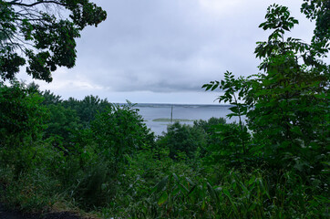 View of the Voronezh reservoir from the right bank on a summer morning