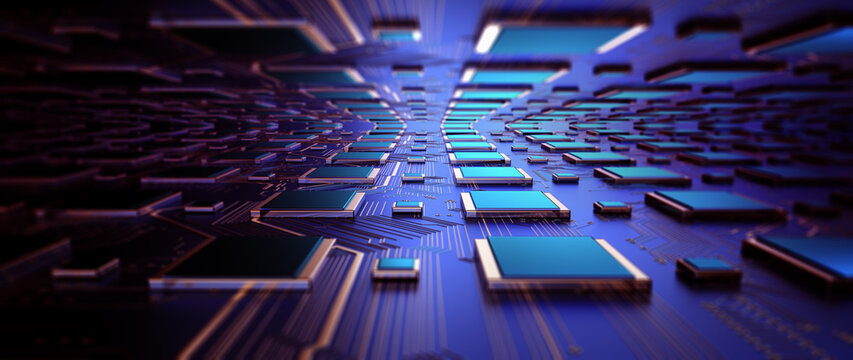 Printed circuit board futuristic server/Circuit board futuristic server code processing. Orange,  green, blue technology background with bokeh. 3D Rendering