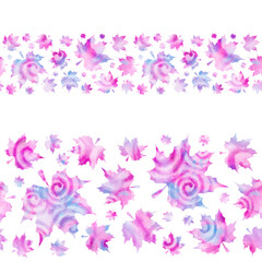 Obraz na płótnie Canvas Watercolor pink maple leaves on white background. Seamless border. Isolated on white background. Watercolor stock illustration. Design for backgrounds, wallpapers, textile, covers and packaging.