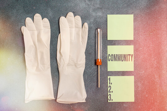Writing note showing Community. Business concept for group of showing with a common characteristics living together Set of medical equipment with notepad for health condition assessment