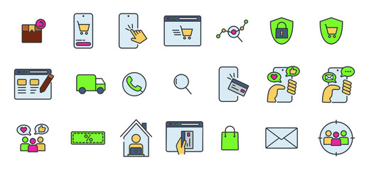 Ecommerce set of icon, online shopping icon, seo and business icon, UI, user experience set of icon, online payment icon
