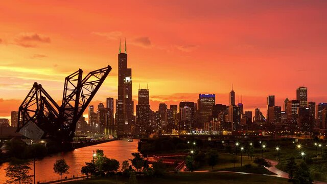Chicago, Illinois City Skyline during a Thunderstorm Sunset Timelapse