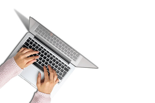 Girl Use Laptop On White Background With Copy Space